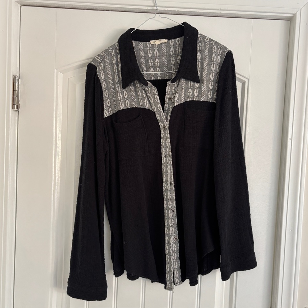 Black and Cream Embroidered Button-Up Shirt